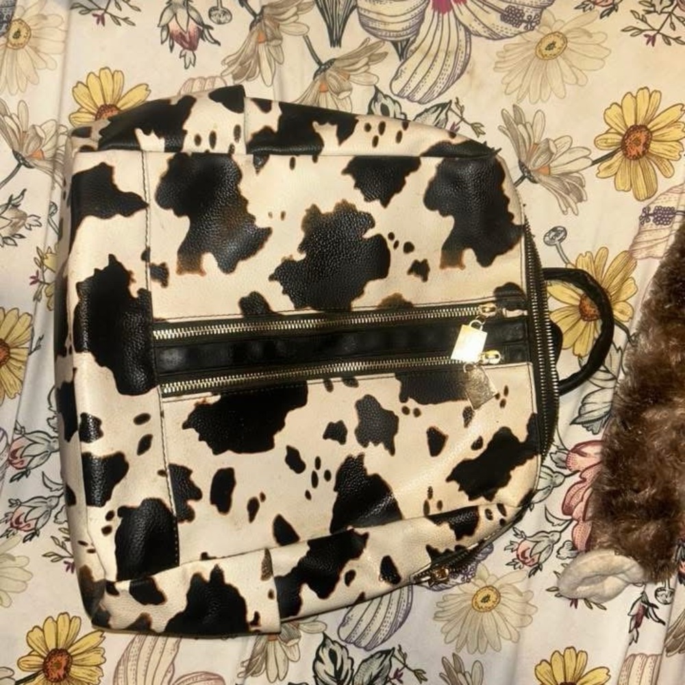 Cow Print Backpack with Black Accents